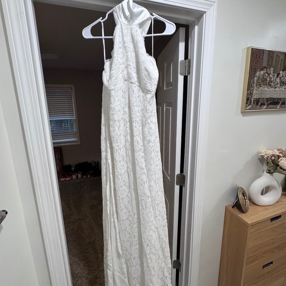 These Three Boutique Floral Lace Halter Tie Maxi Dress-White